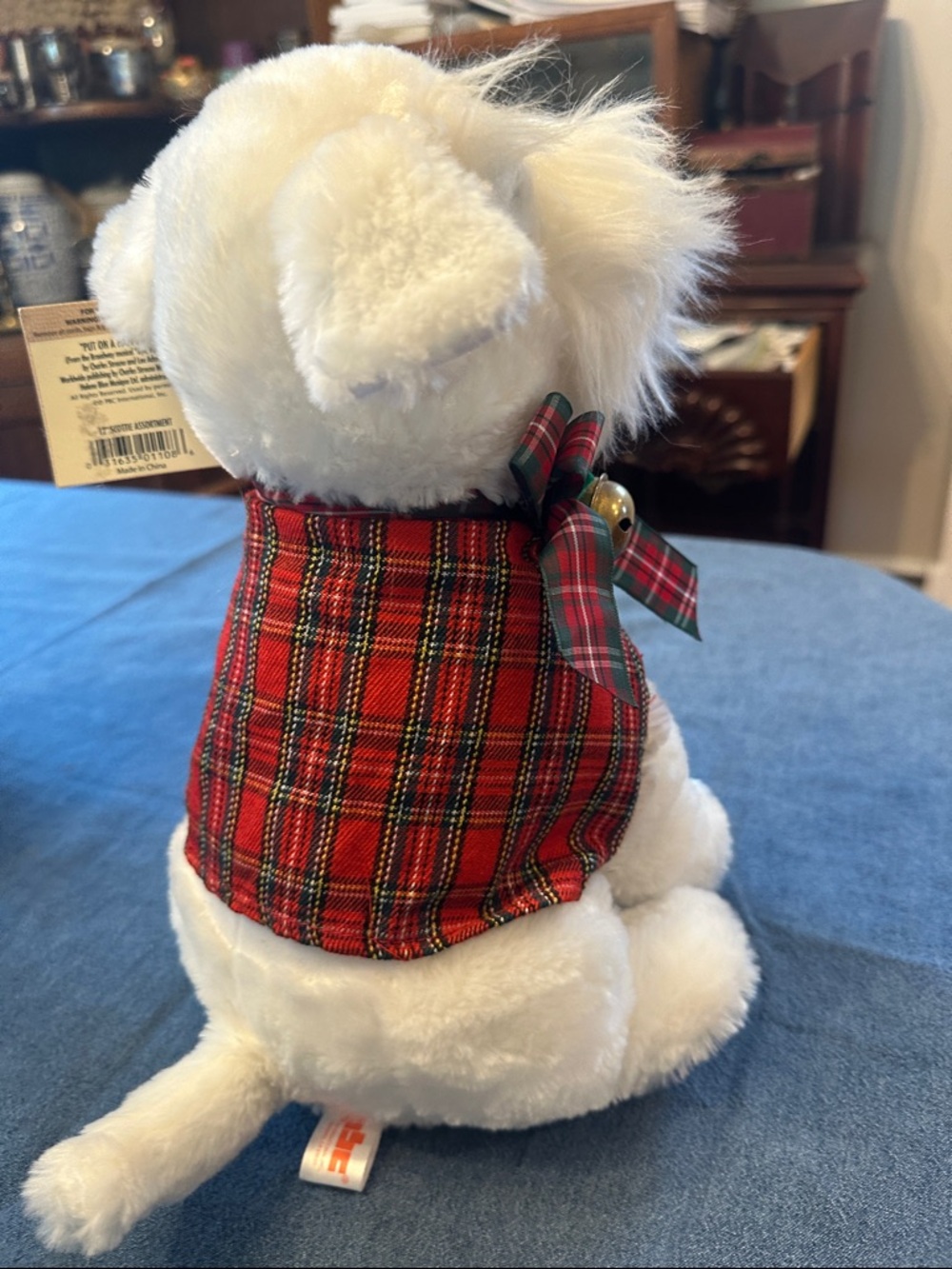 Vintage NWT stuffed white Scottie  with  plaid vest  sings “Put On A Happy Face” - Picture 7 of 8
